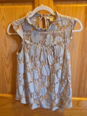 Monteau Powder Blue Floral Lace Mock-Neck Camisole Top